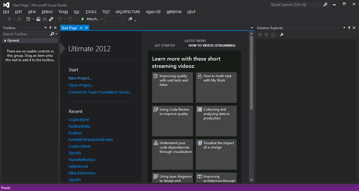 Página Inicial Visual Studio 2012 Ultimate Edition